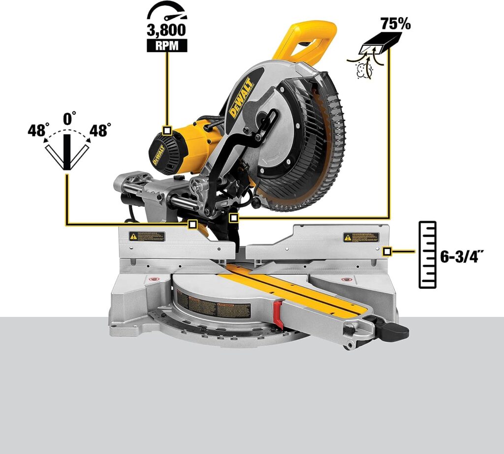 DEWALT Miter Saw, 12 Inch Double Bevel Sliding Compound, Stainless Steel Detent Plate with 10 Stops, Cam-Lock Handle, For Quick  Accurate Miter Angles, Corded (DWS779)