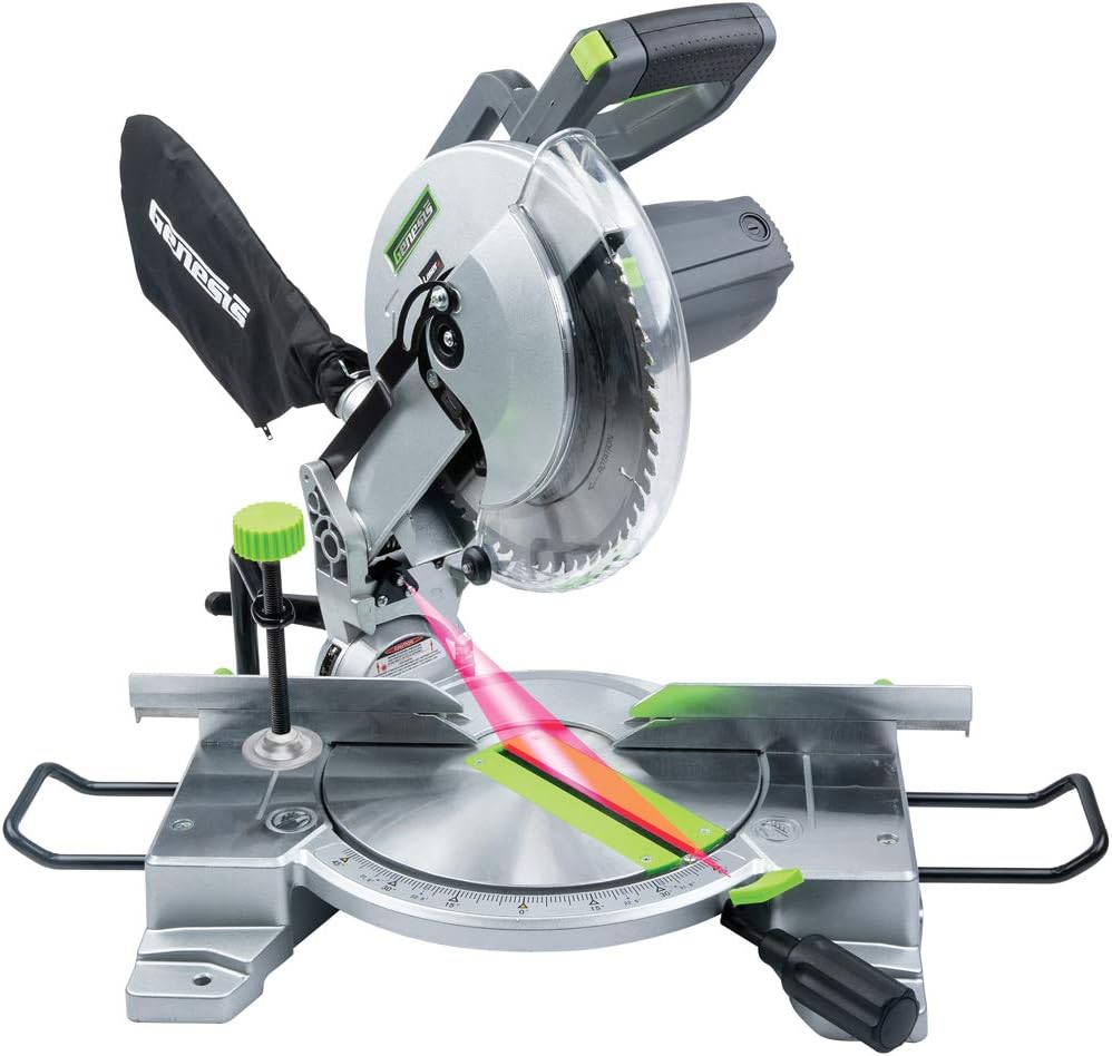 Genesis GMS1015LC 15-Amp 10-Inch Compound Miter Saw with Laser Guide and 9 Positive Miter Stops , Gray